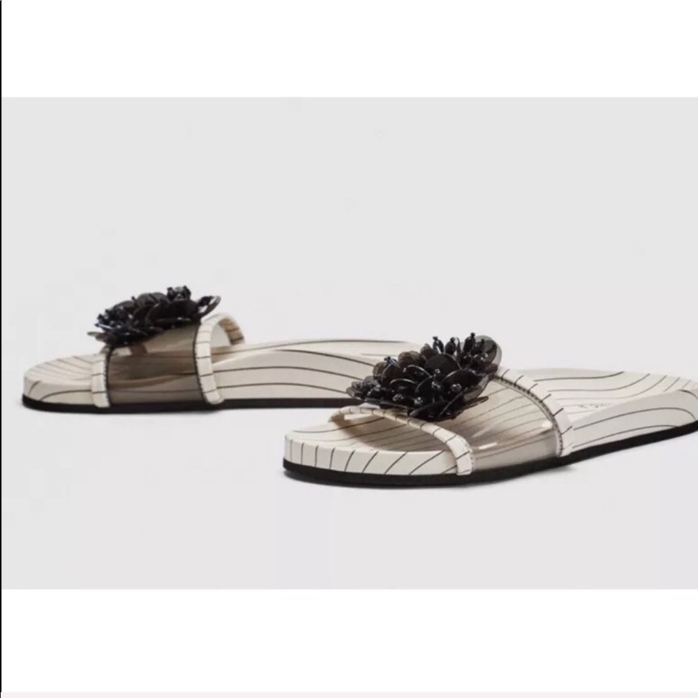 Zara black white slides with floral embellishment